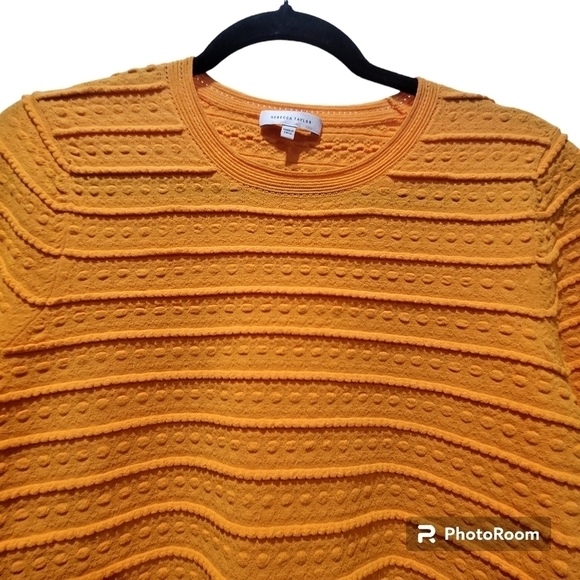 Rebecca Taylor XL Viscose Blend Mustard Yellow Short Sleeve Ribbed Blouse Office - Picture 2 of 7